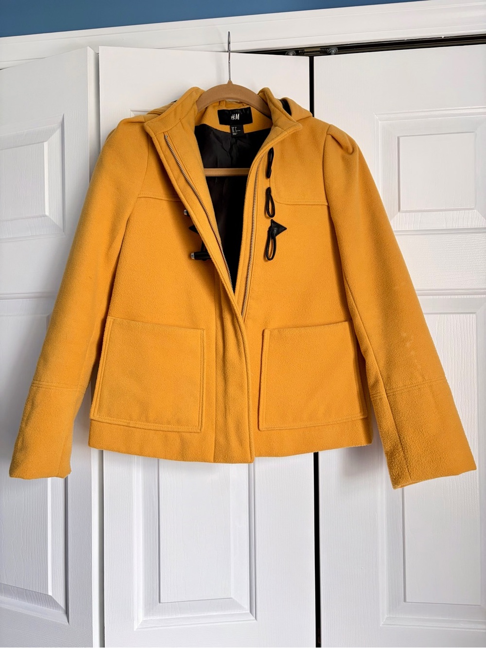 H&M Women's Yellow Hooded Toggle Pea Coat sz 2